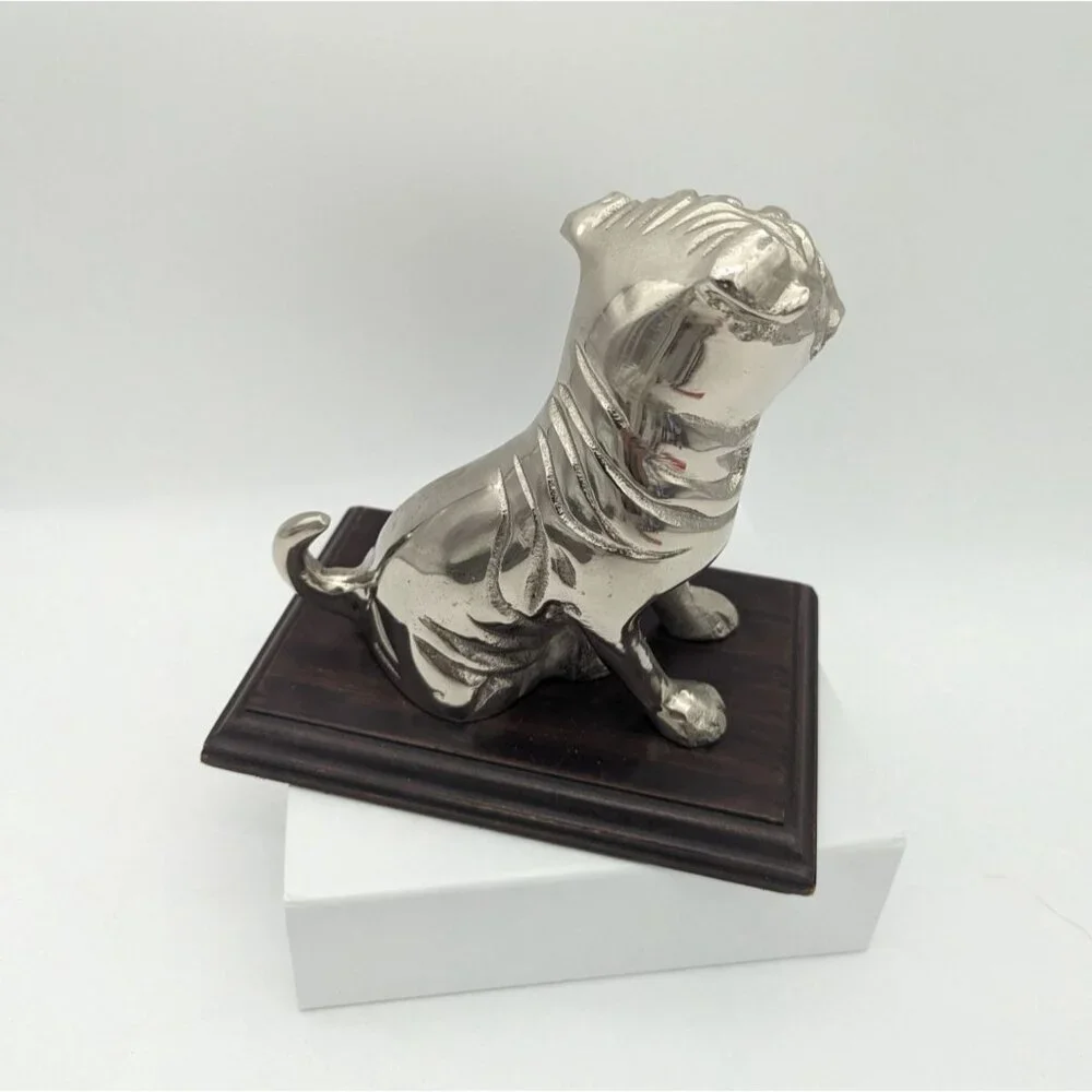 Cast Aluminum Pug/Bulldog Figurine‎ On Wooden Stand 7